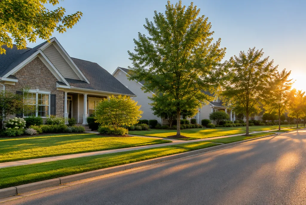 Quiet residential street with well-kept homes and trees in warm evening light