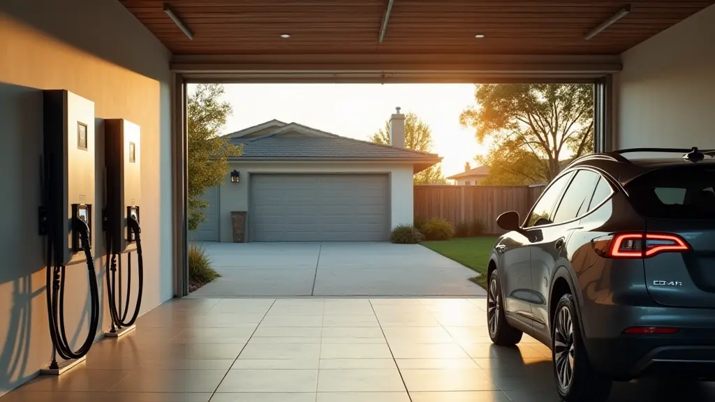 Clean American home garage with EV chargers and an electric vehicle