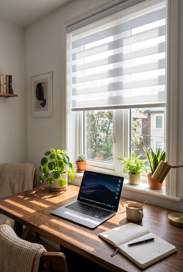 Home office — stripes aligned, glare off the screen