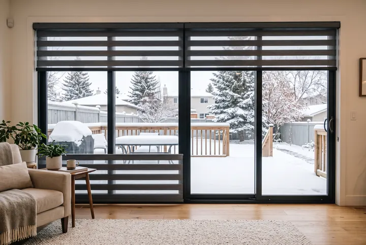 Wide dark-grey zebra on sliding patio doors, Calgary winter light