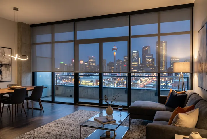 Sunscreen roller shades over a downtown Calgary view