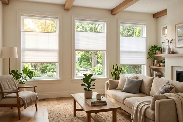 Top-down / bottom-up honeycomb on three living-room windows
