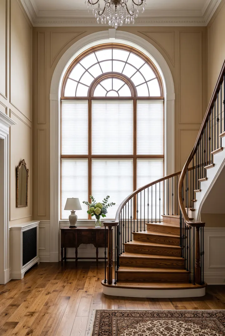 Custom-shaped cellular shade in an arched foyer window