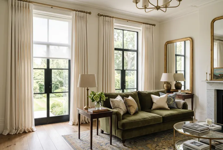 Ivory linen drapery layered over white sheer rollers