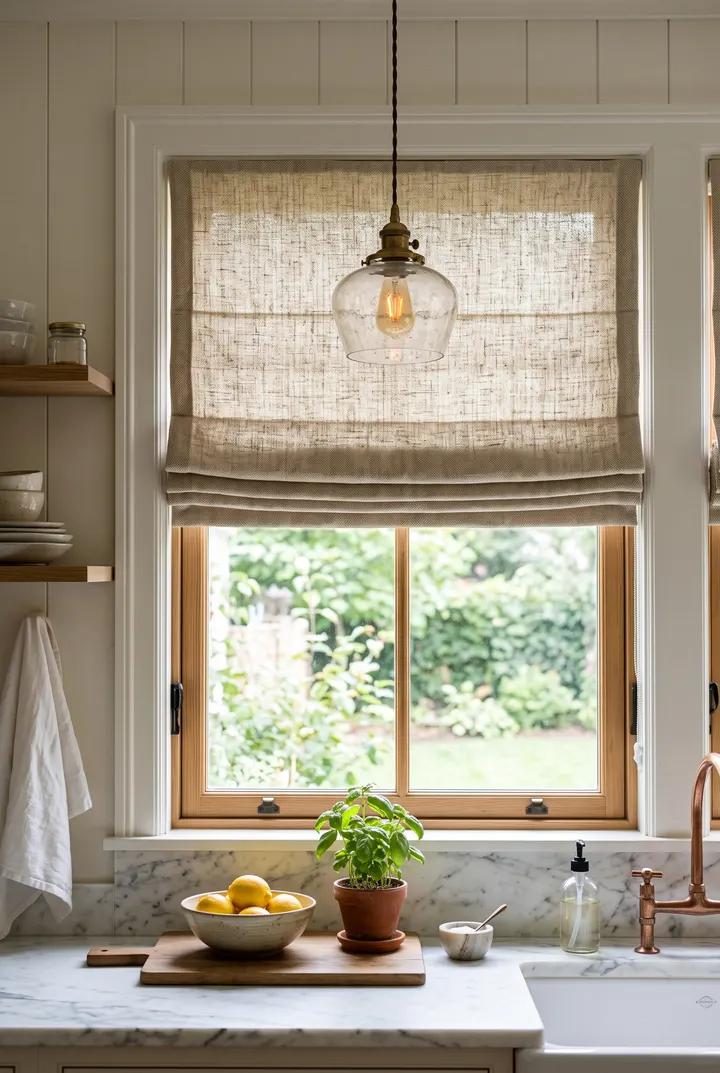 Textured oatmeal Roman shade on a kitchen window