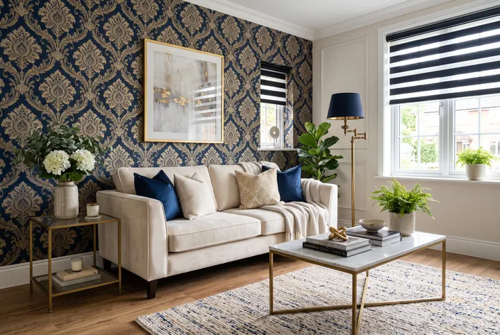 Navy-and-gold damask feature wall with warm oak vinyl plank