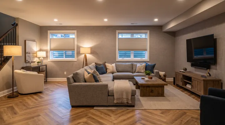 Herringbone vinyl in a finished basement