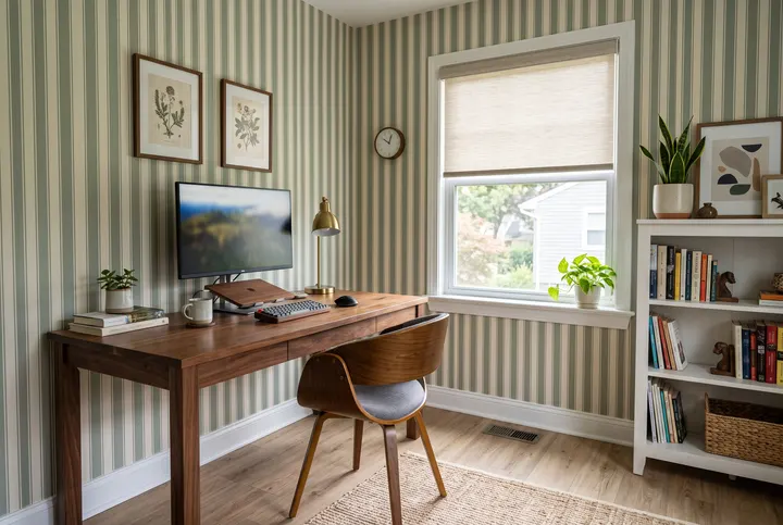 Sage-and-cream stripe in a home office