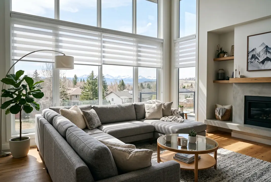 Taupe zebra bands half-open over a west-facing living room
