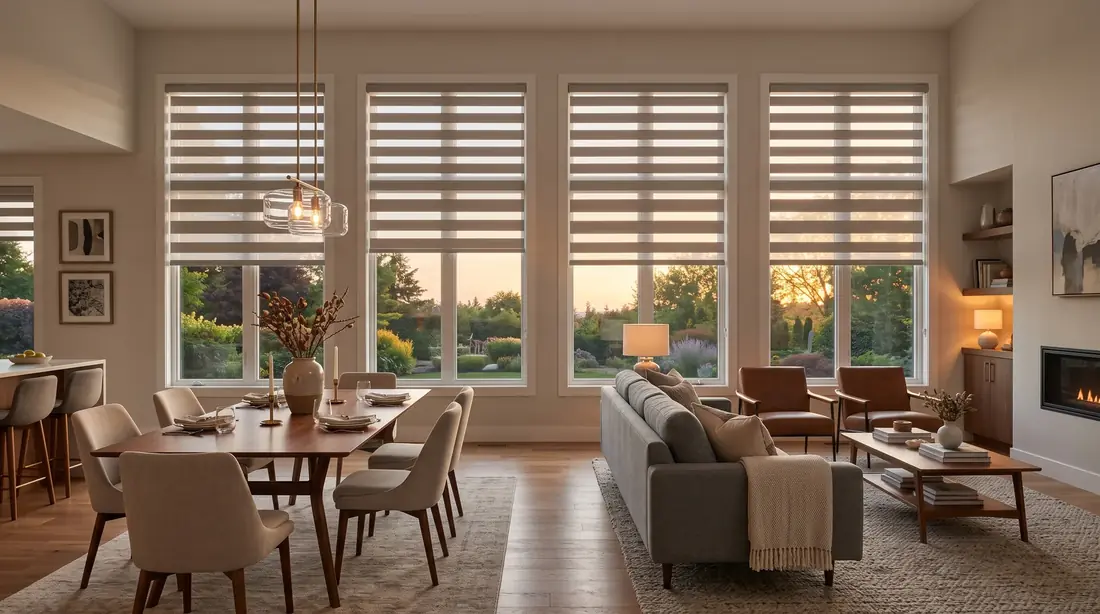 Four matching zebra blinds across an open-plan dining room