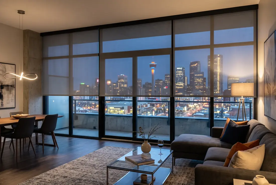 Sunscreen roller shades over a downtown Calgary view