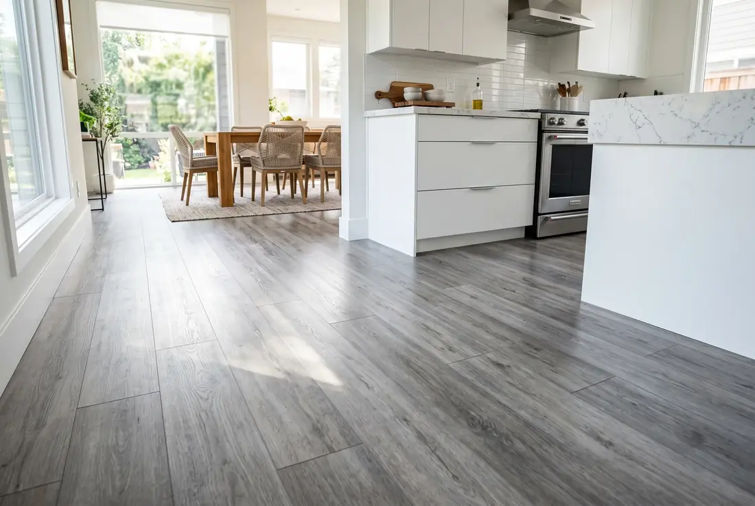 Grey-washed vinyl plank flowing kitchen to dining