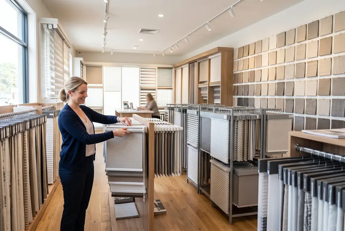 A consultant with fabric samples in a blinds showroom