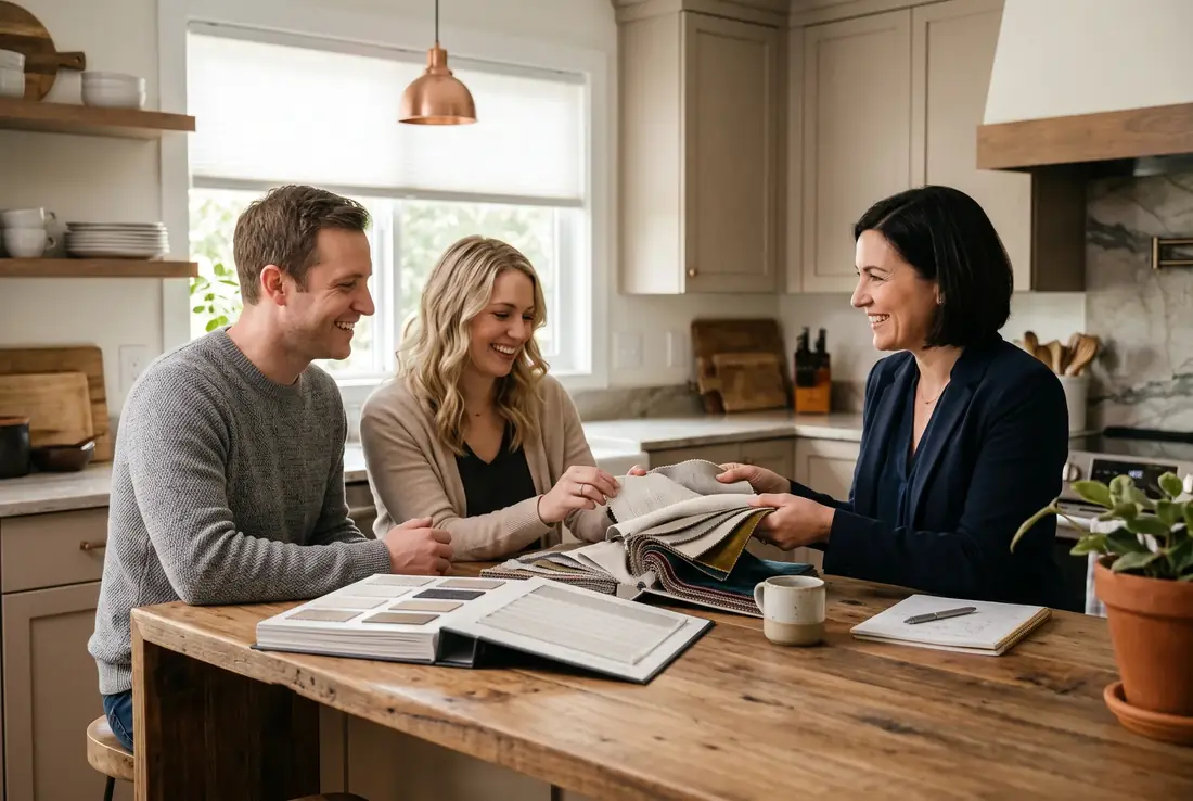 A consultant reviewing samples with a couple at a kitchen island