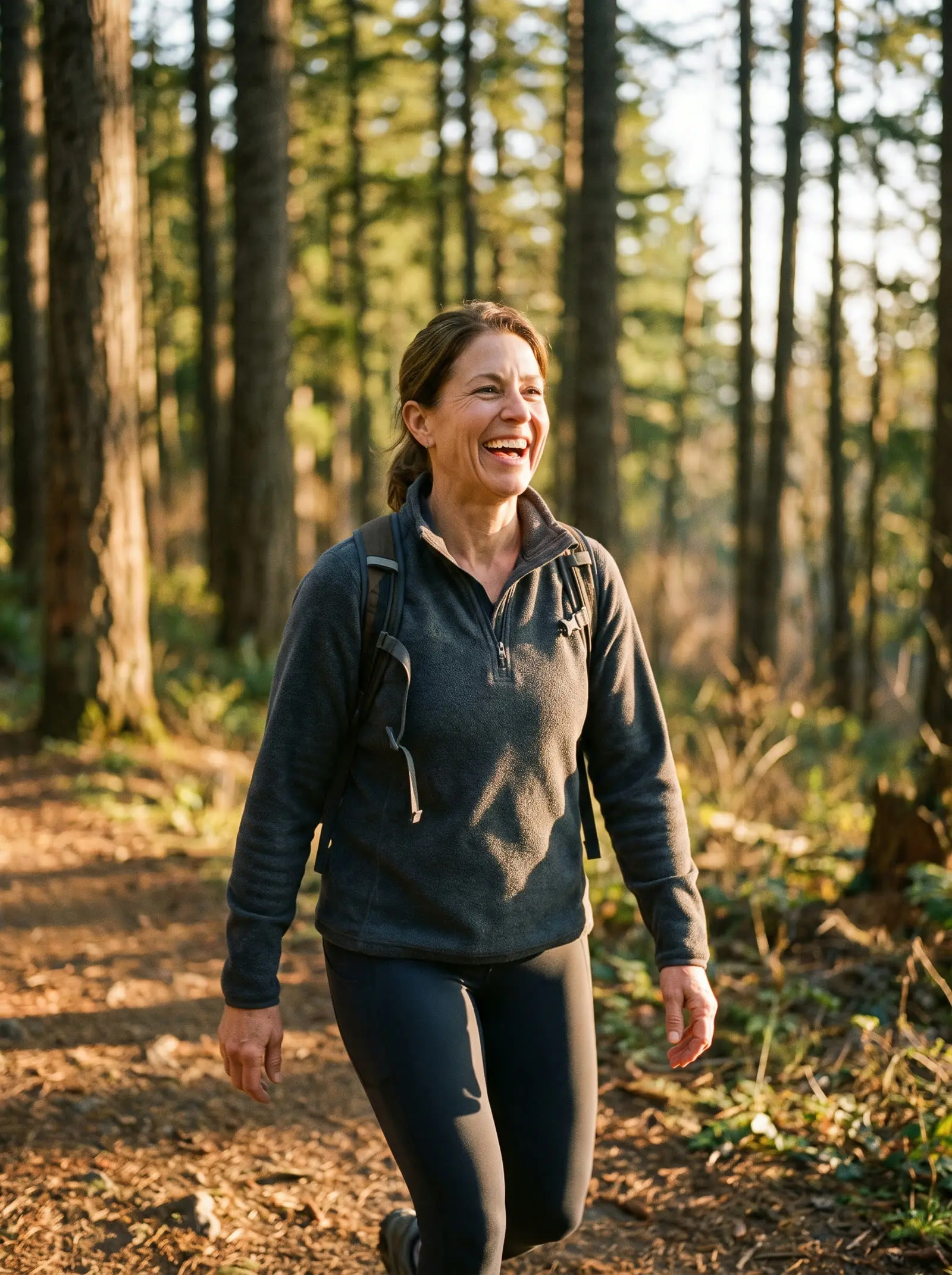 A woman laughing as she hikes a wooded trail