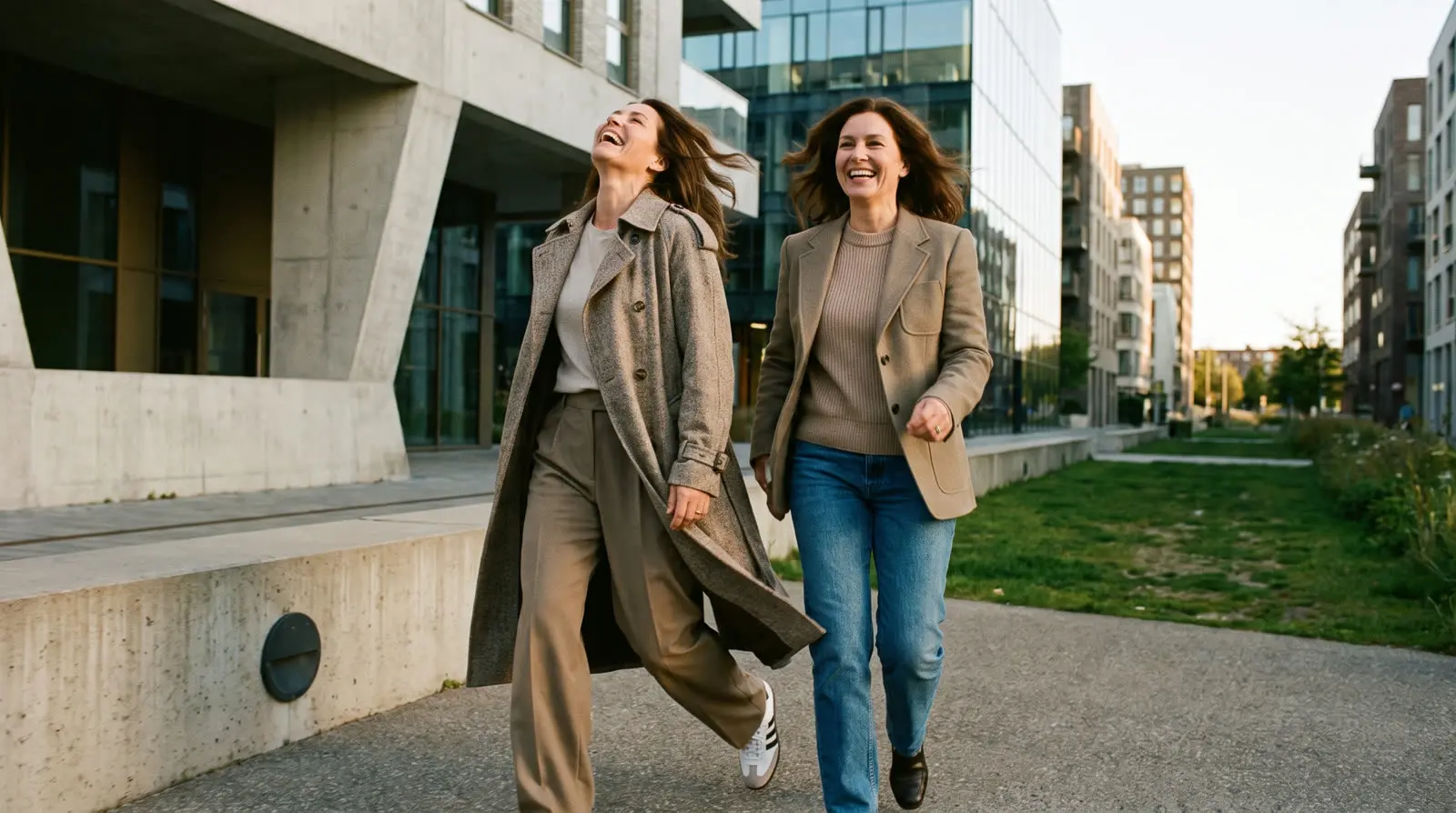 Two women laughing as they walk through the city