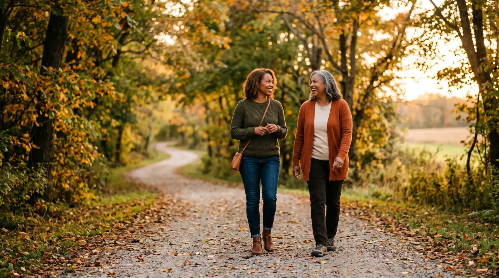 Two friends walking a tree-lined path, talking and smiling