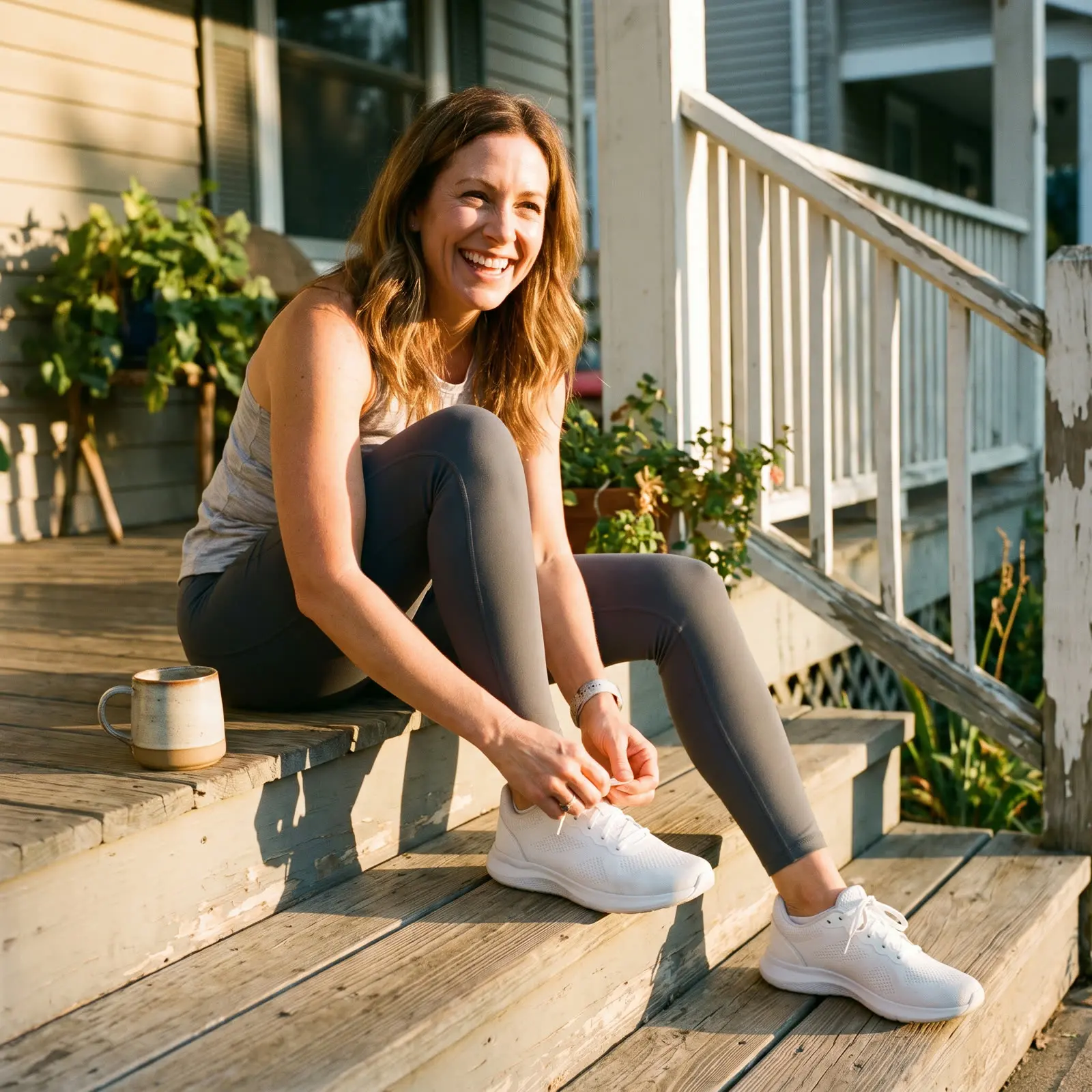 A woman lacing up her sneakers on the porch