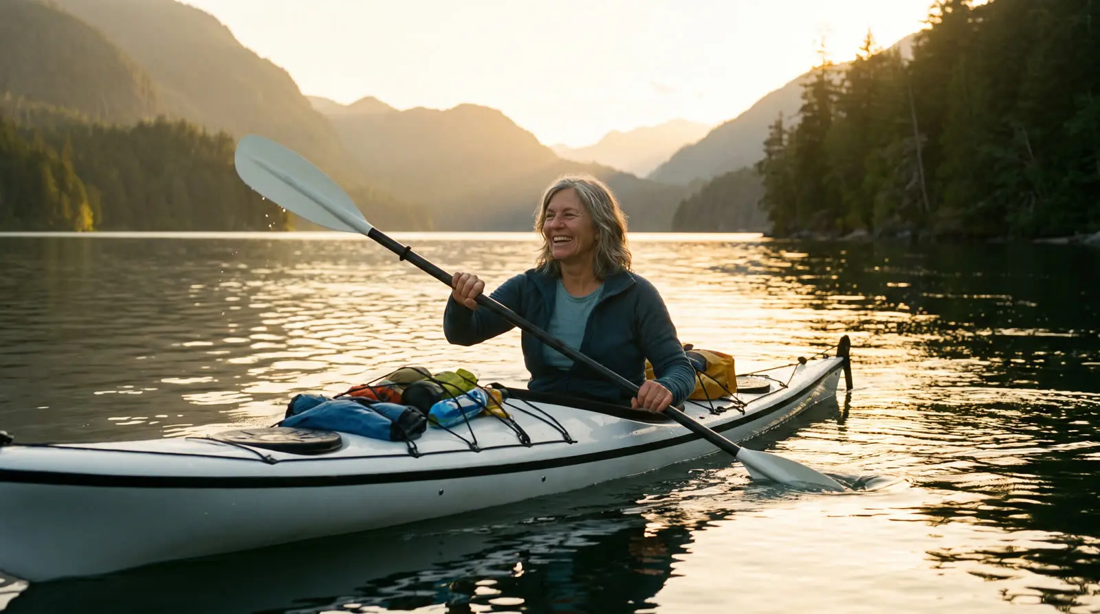 A woman paddling a kayak across a calm lake at sunset