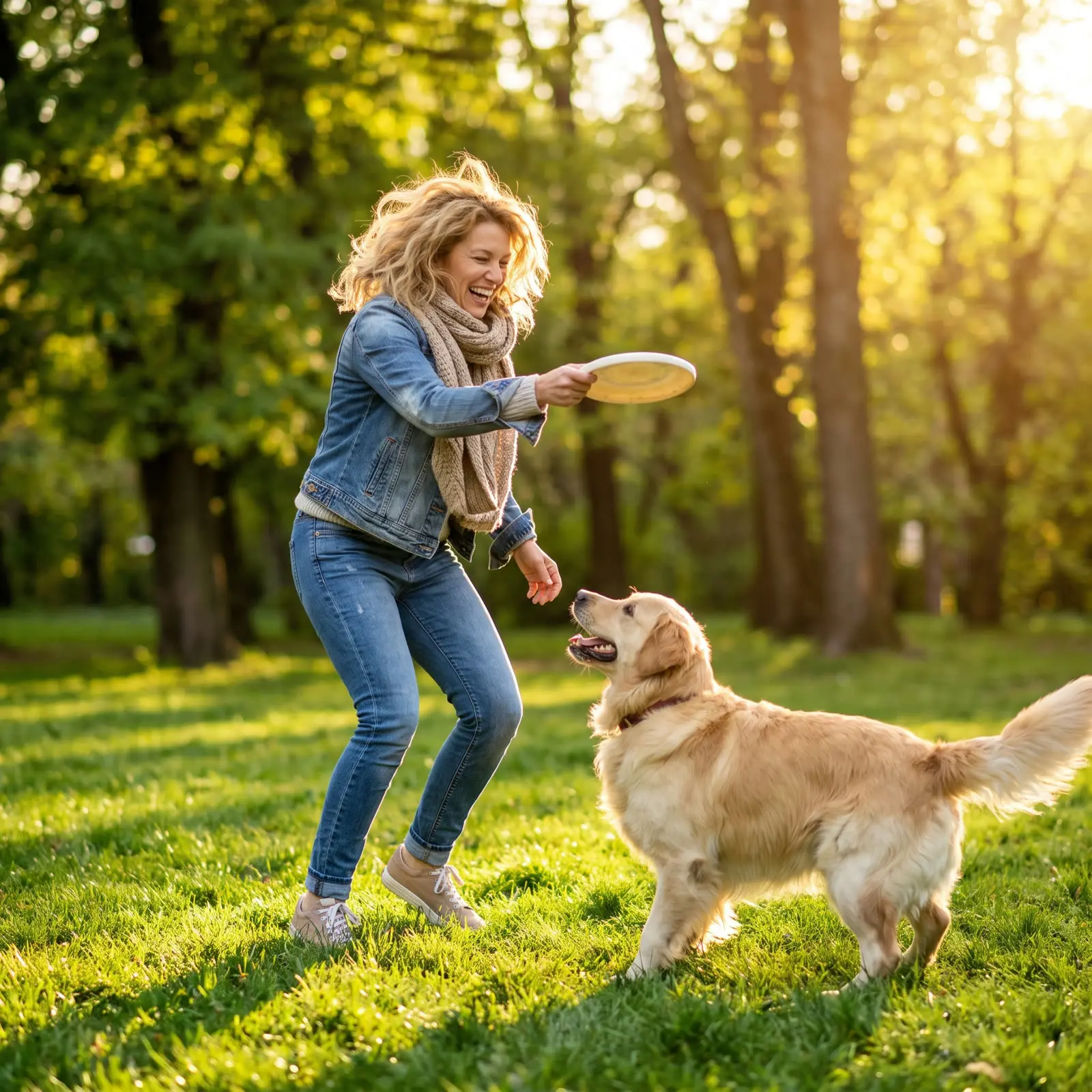 A woman laughing while playing with her dog in the park