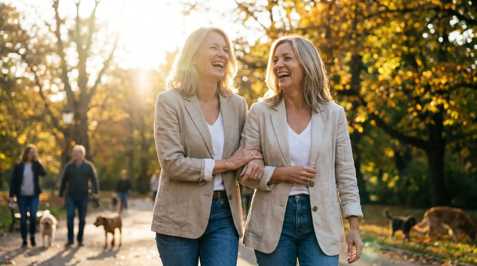 Two friends laughing together on a sunny walk