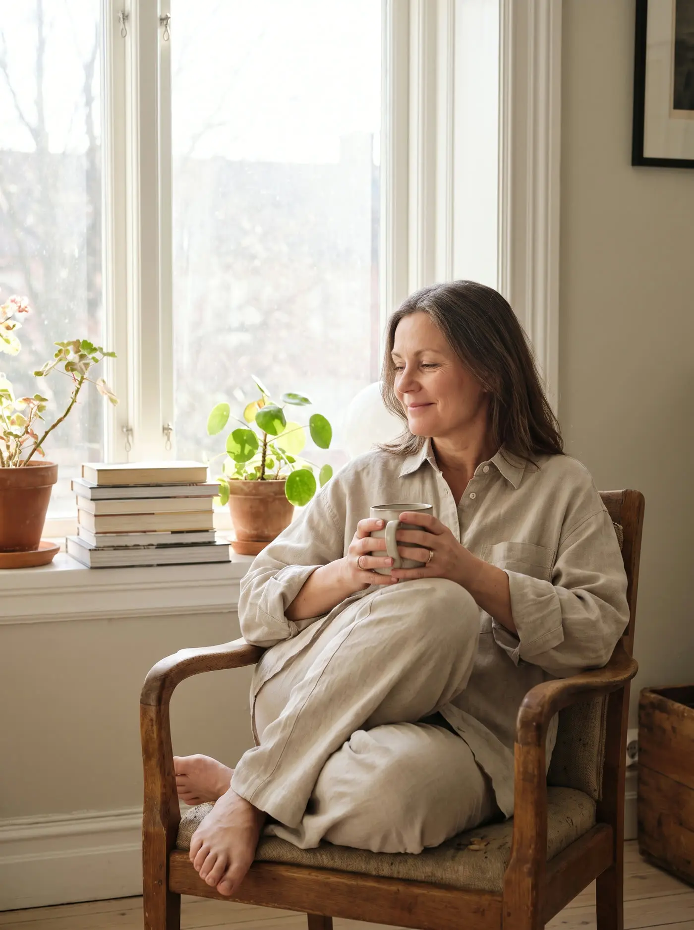 A woman sitting relaxed with a cup of tea by a bright window