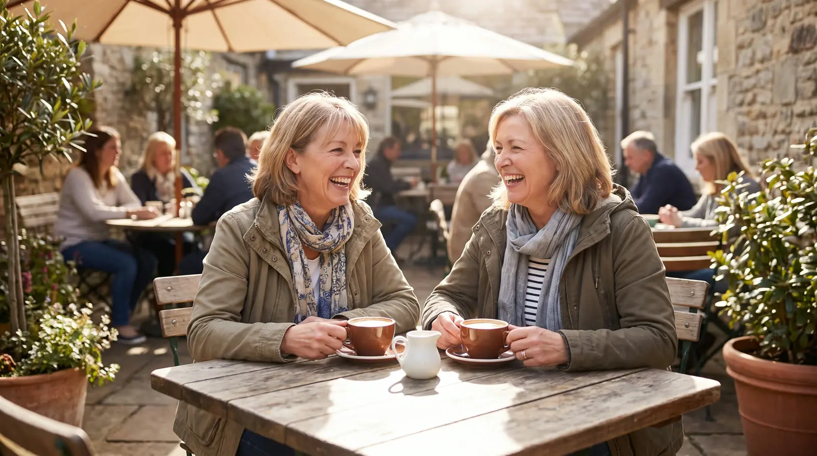 Two women sharing a laugh at a sunny cafe
