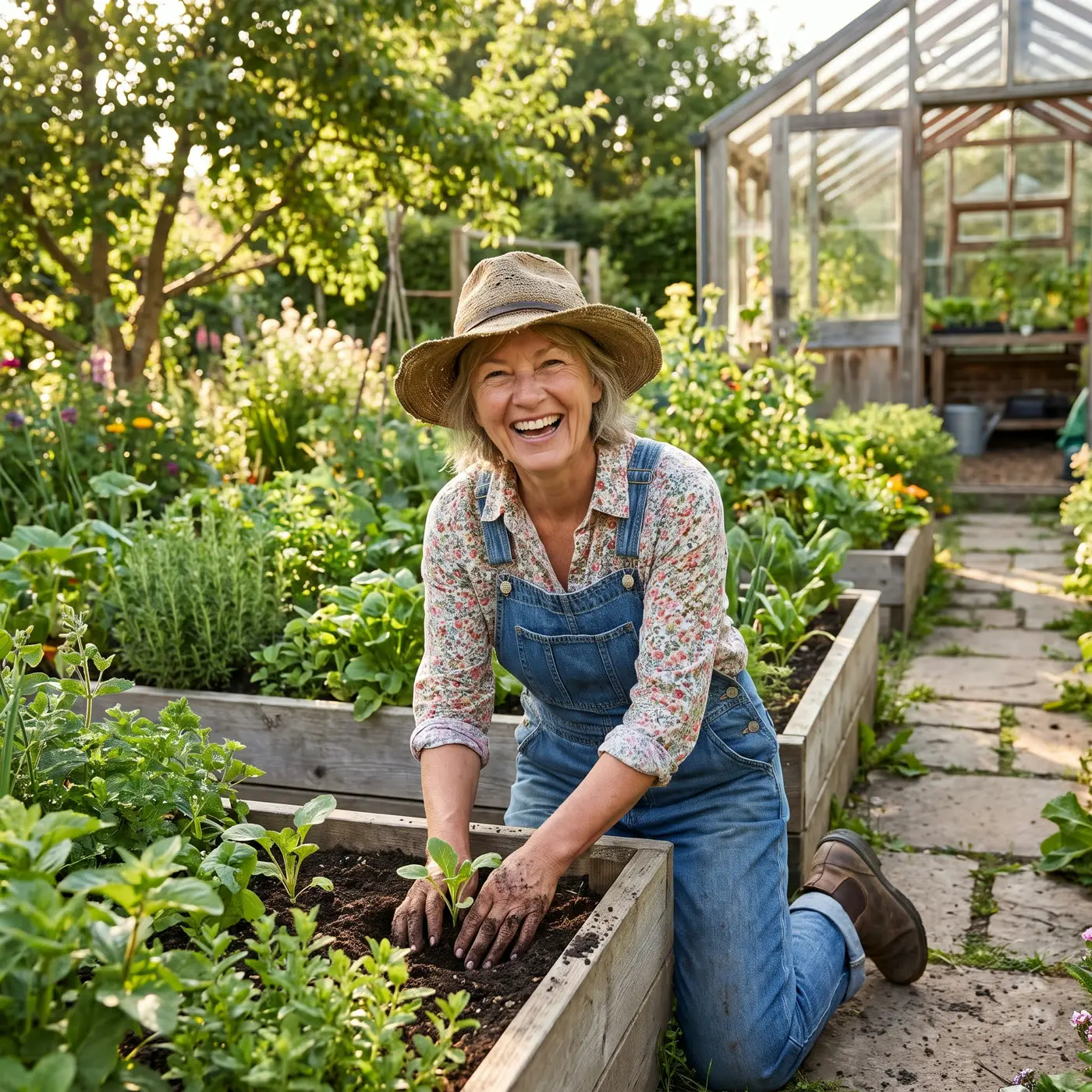 A woman gardening and smiling in the sunshine