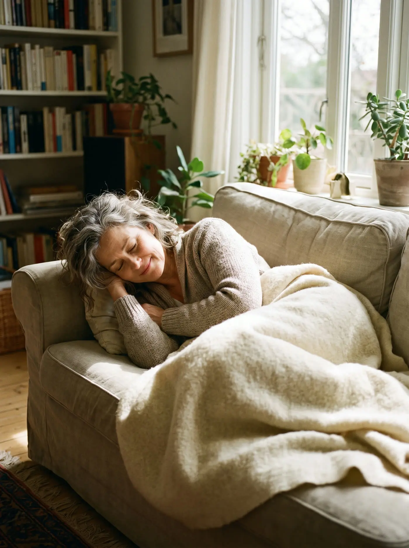 A woman resting peacefully with her eyes closed in sunlight