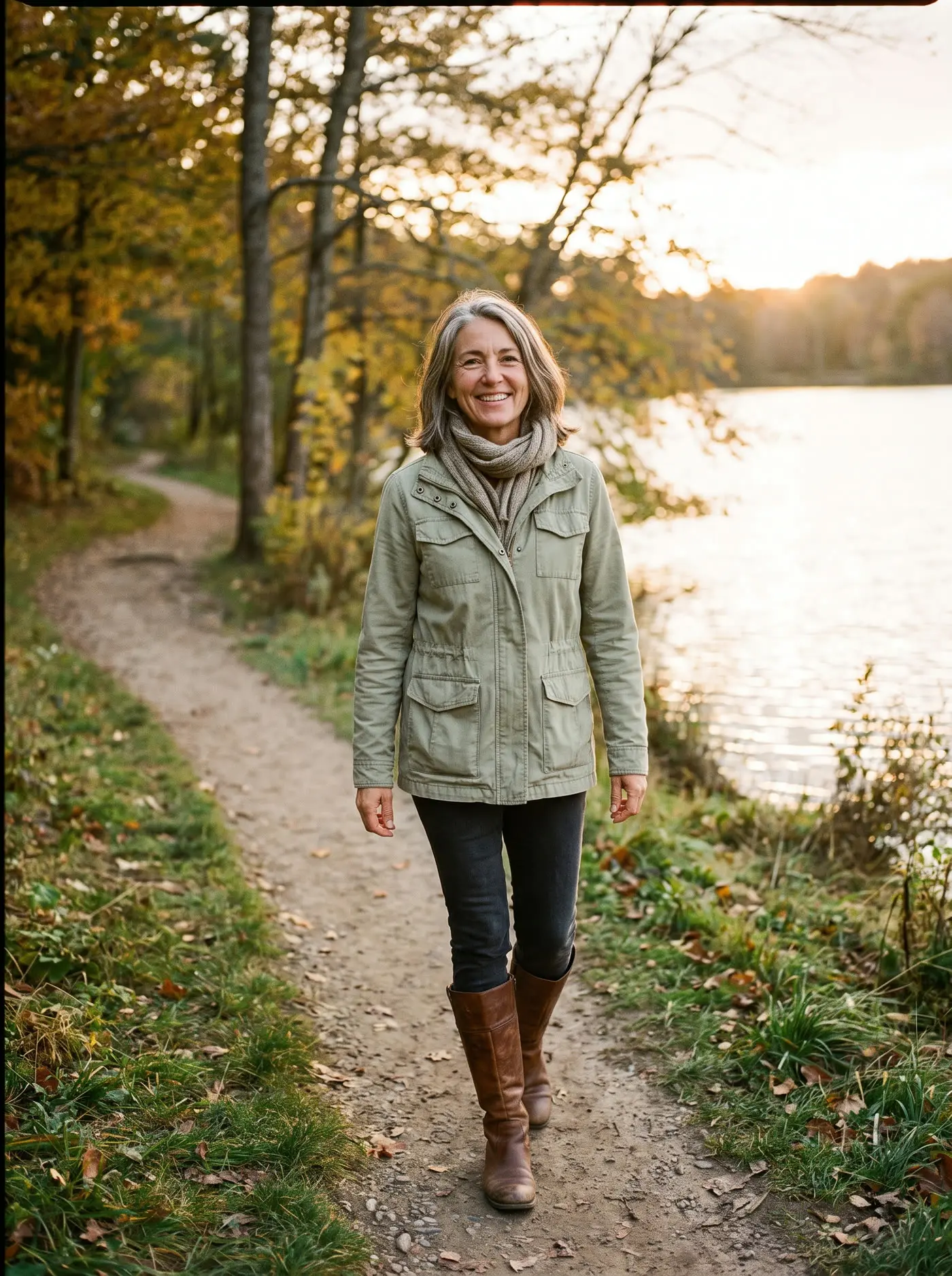 A woman smiling during a lakeside walk
