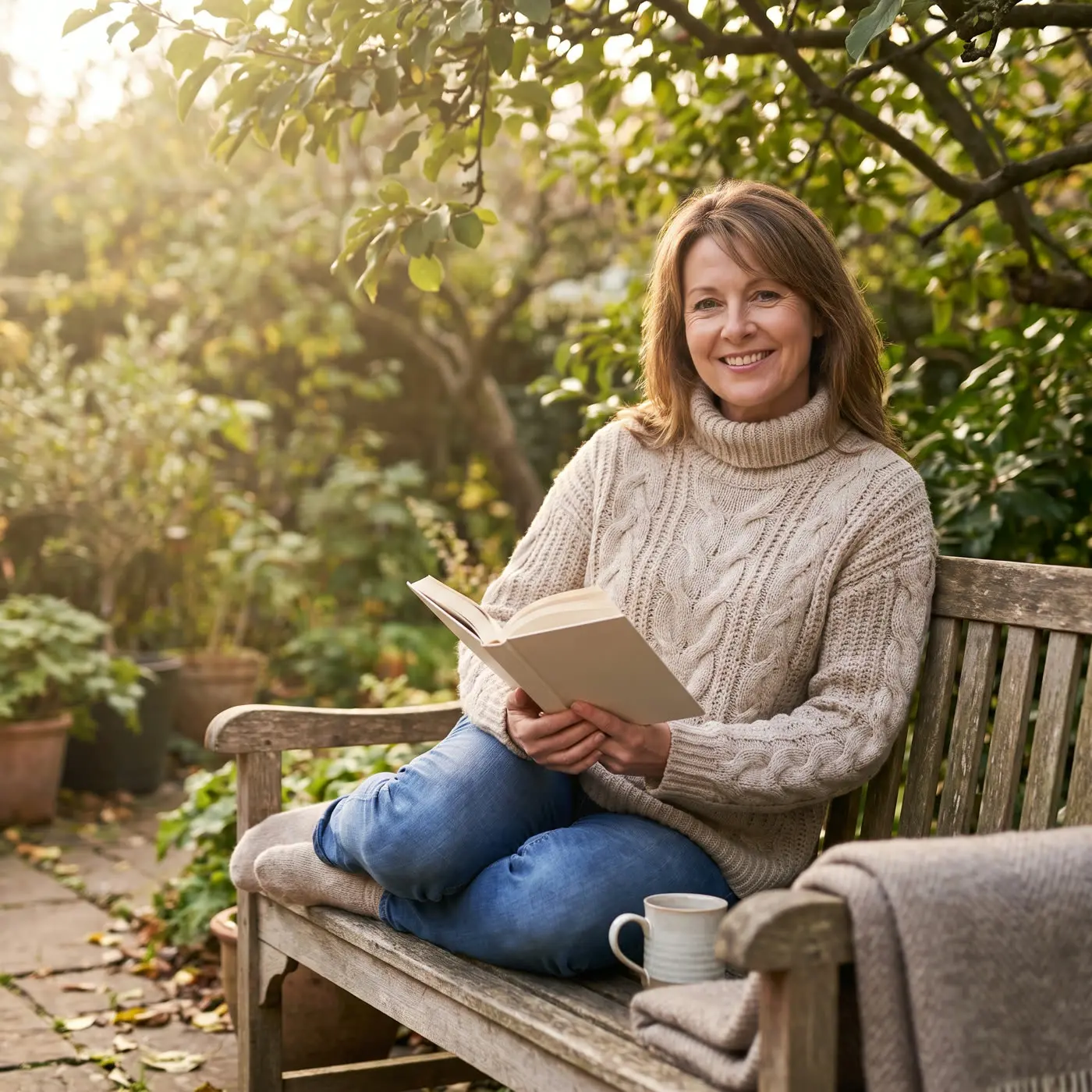 A woman reading outdoors on a calm afternoon