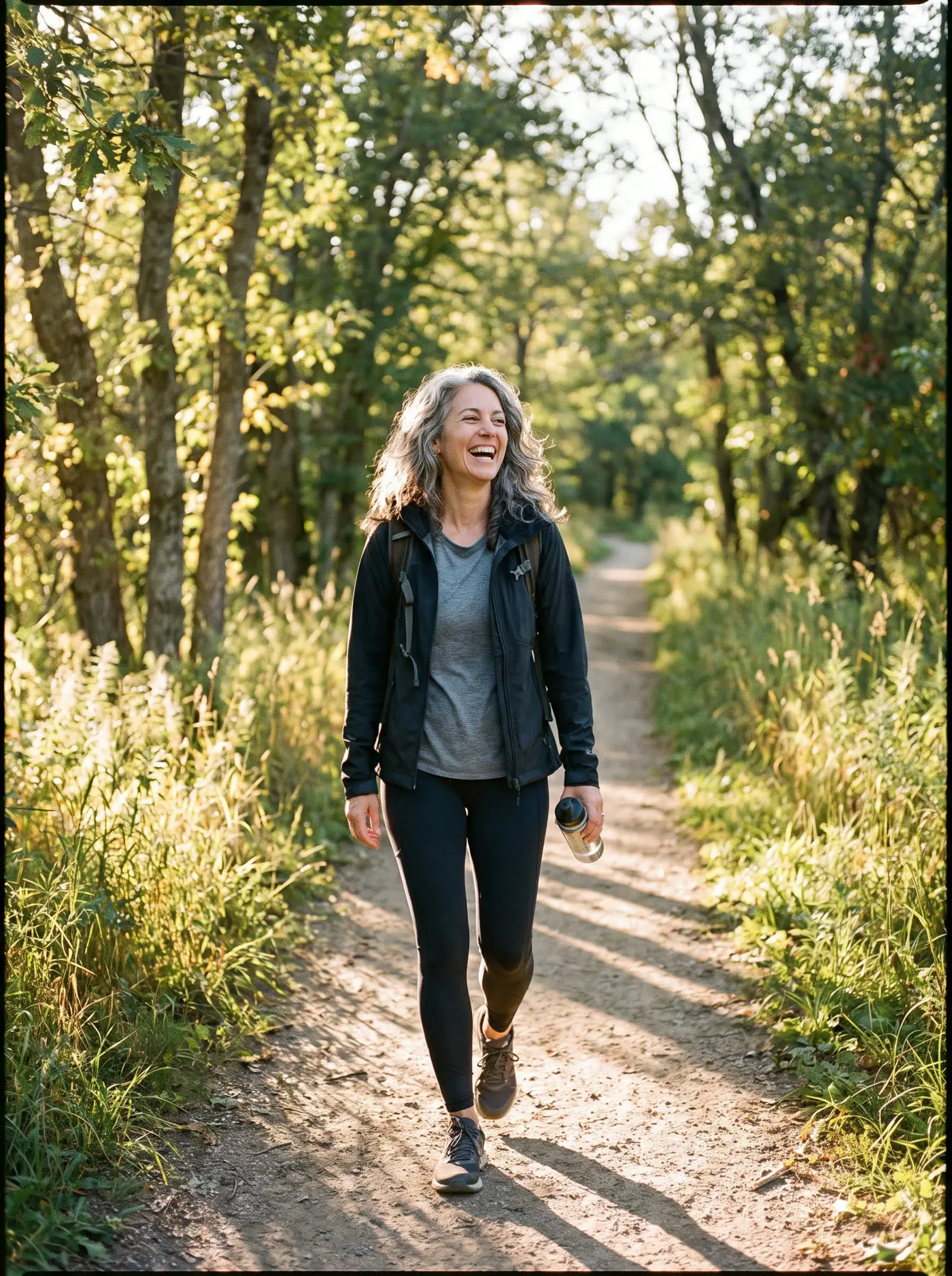 A woman laughing as she walks along a sunny path