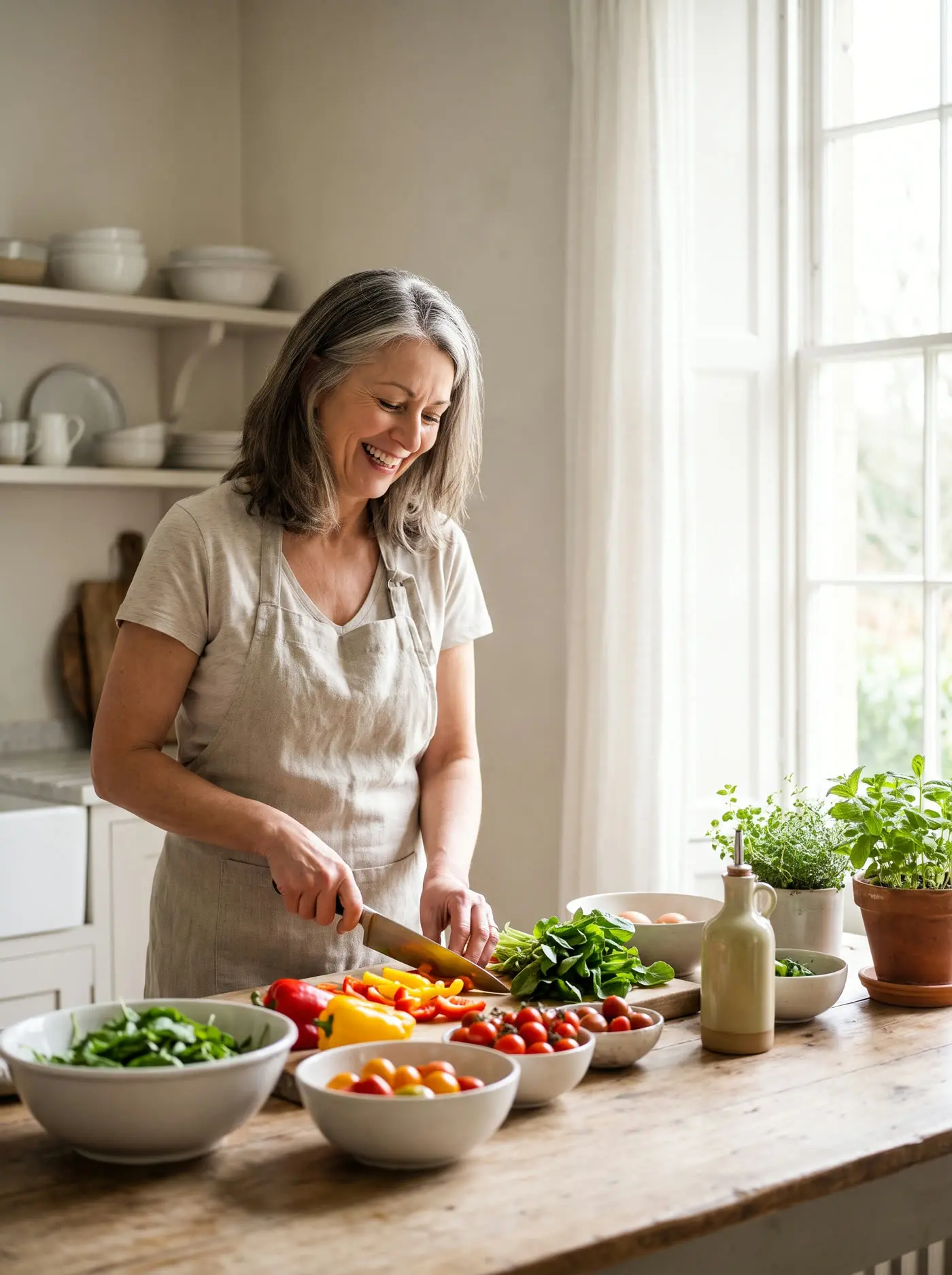 A woman preparing a colorful meal in a bright kitchen