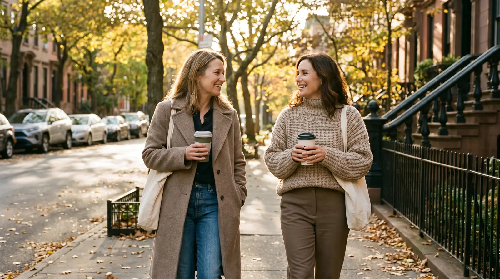 Two women walking and chatting on a tree-lined street