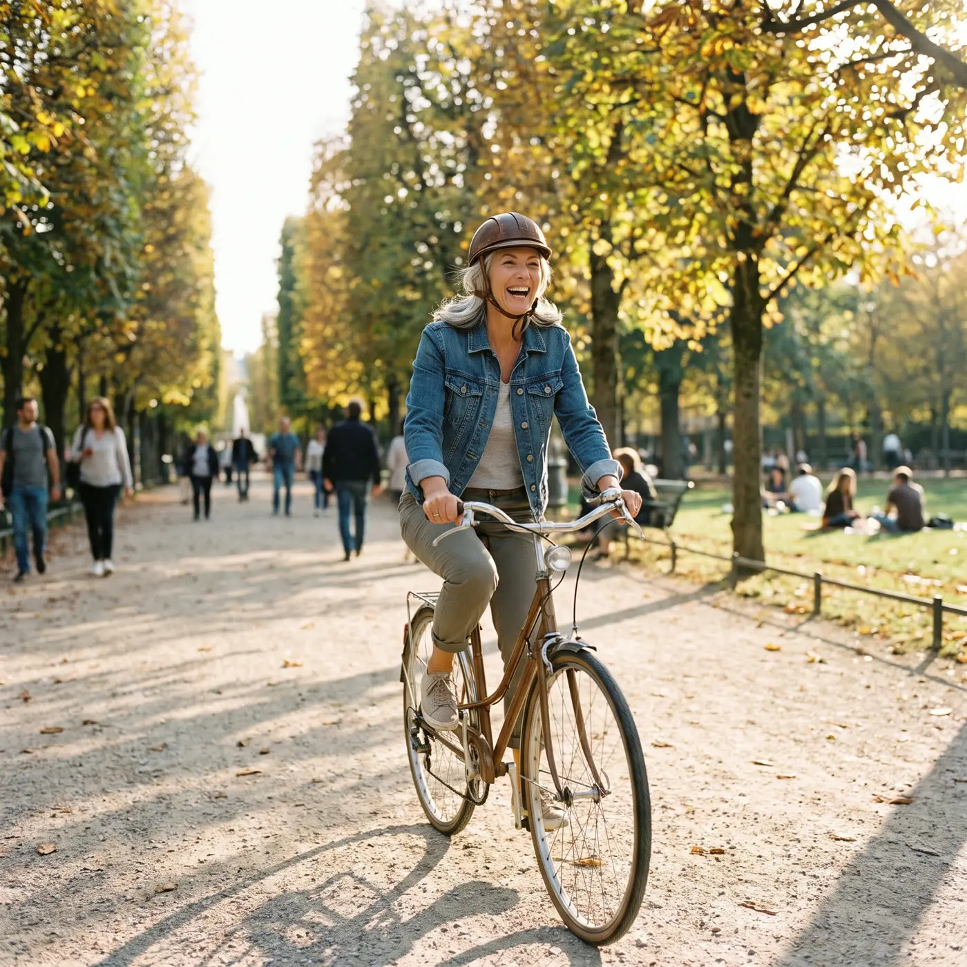 A woman biking through a park on a sunny day