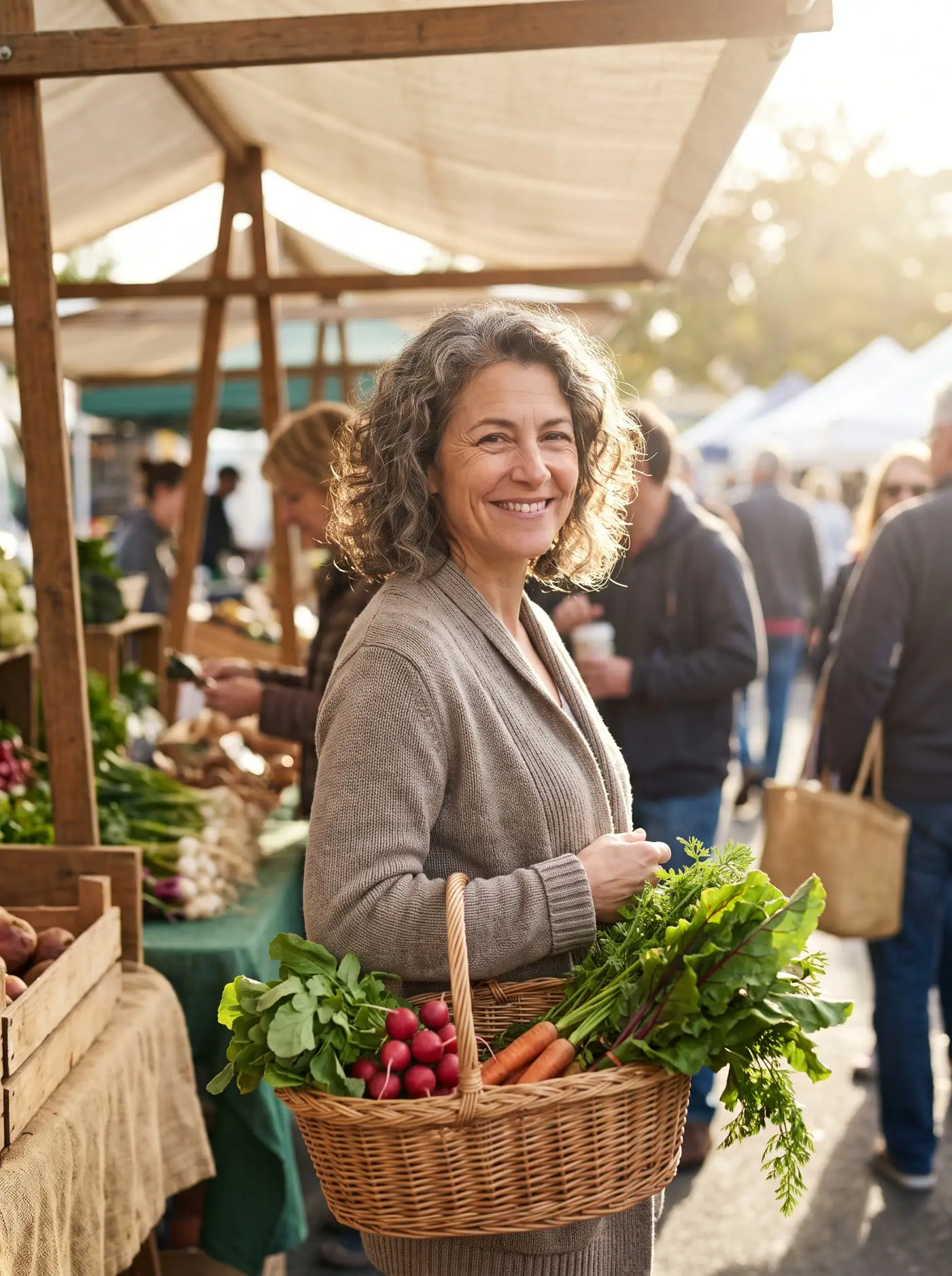 A woman smiling at a farmers market with fresh produce