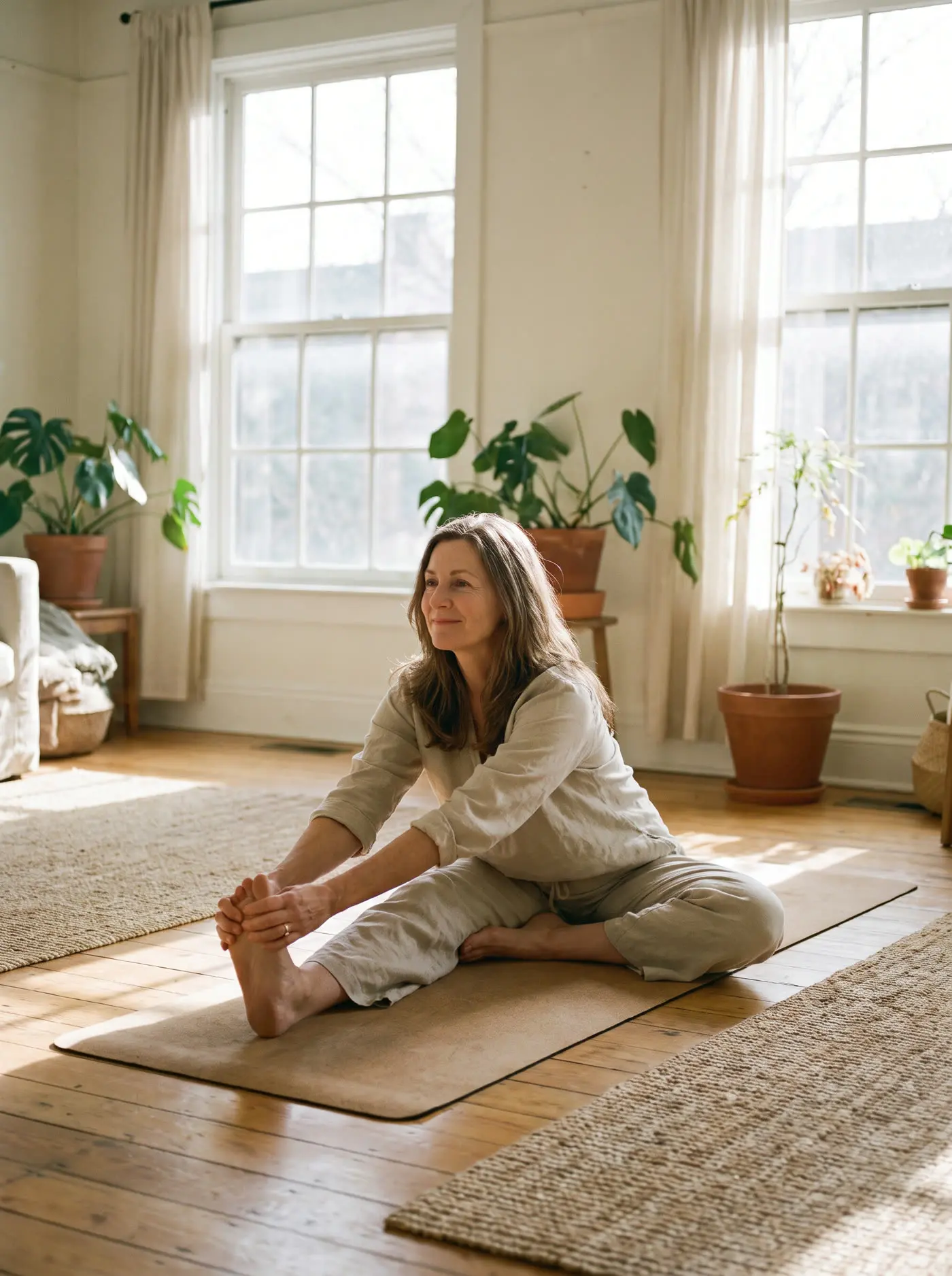 A woman stretching on a yoga mat in the morning