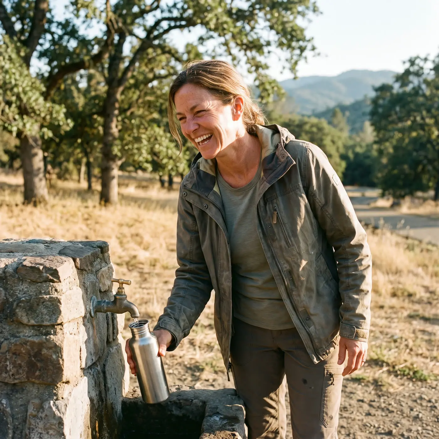 A woman filling a water bottle after a walk