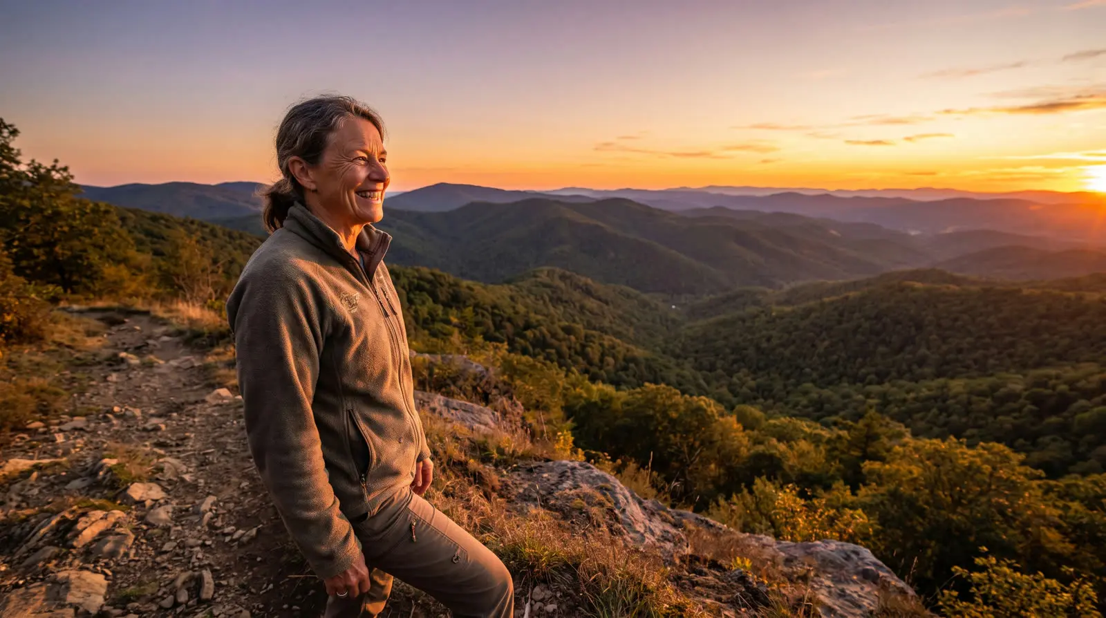 A woman smiling on a hilltop at sunset