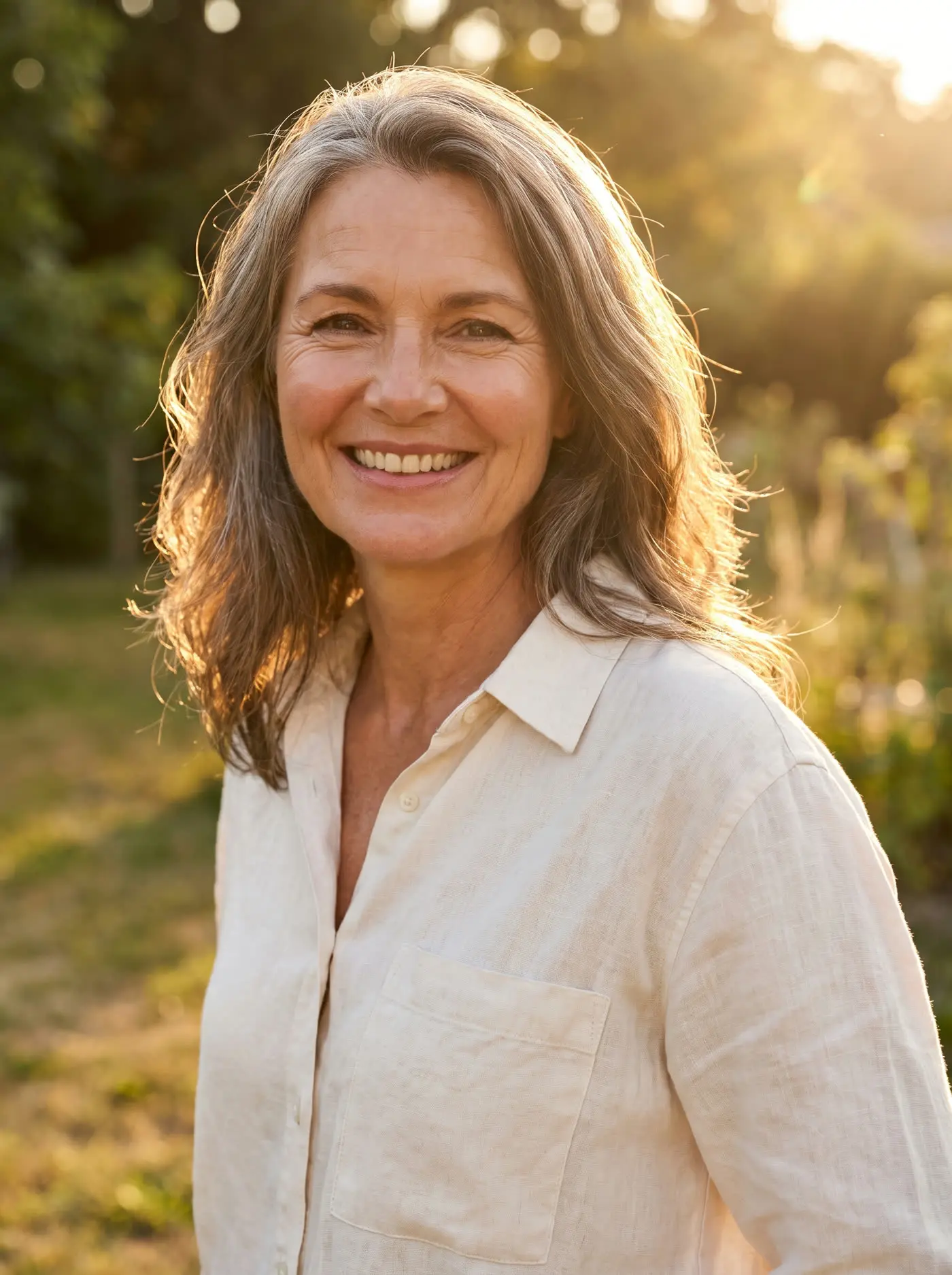 A woman smiling confidently in golden light