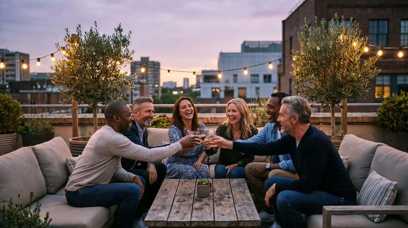 Friends laughing together at a rooftop gathering