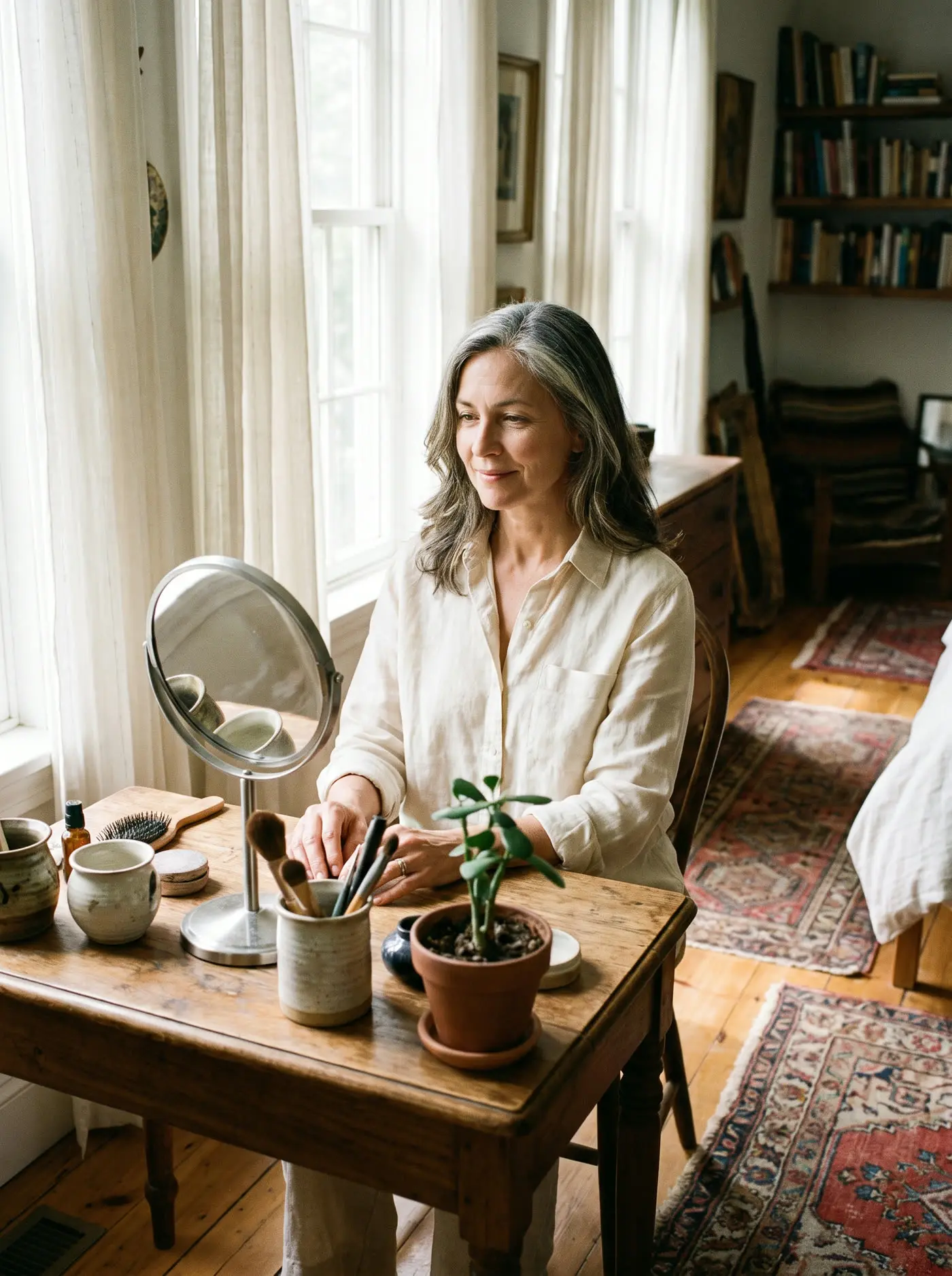 A woman looking relaxed at a vanity in a bright room