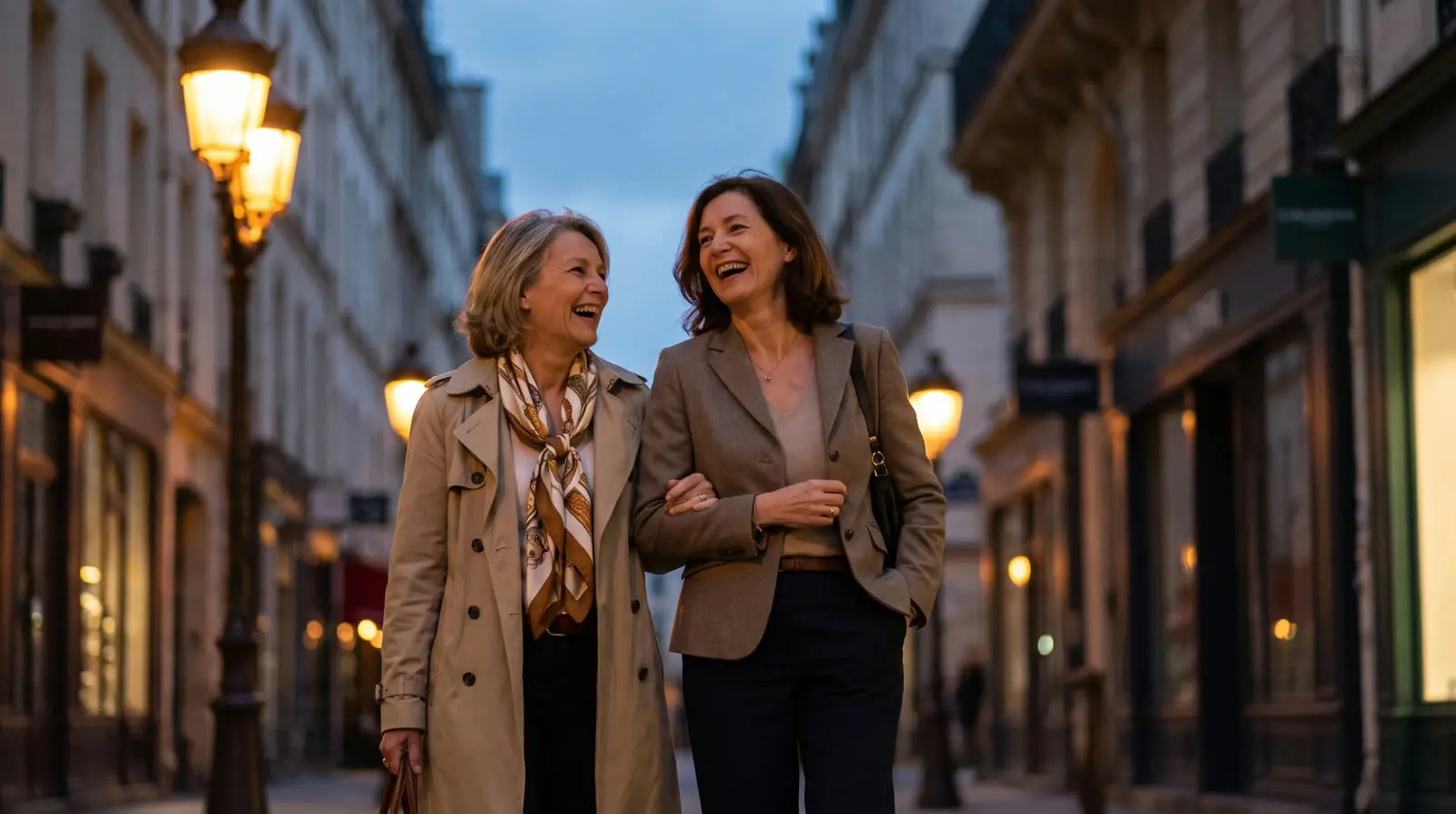 Two women laughing as they walk through a city at dusk