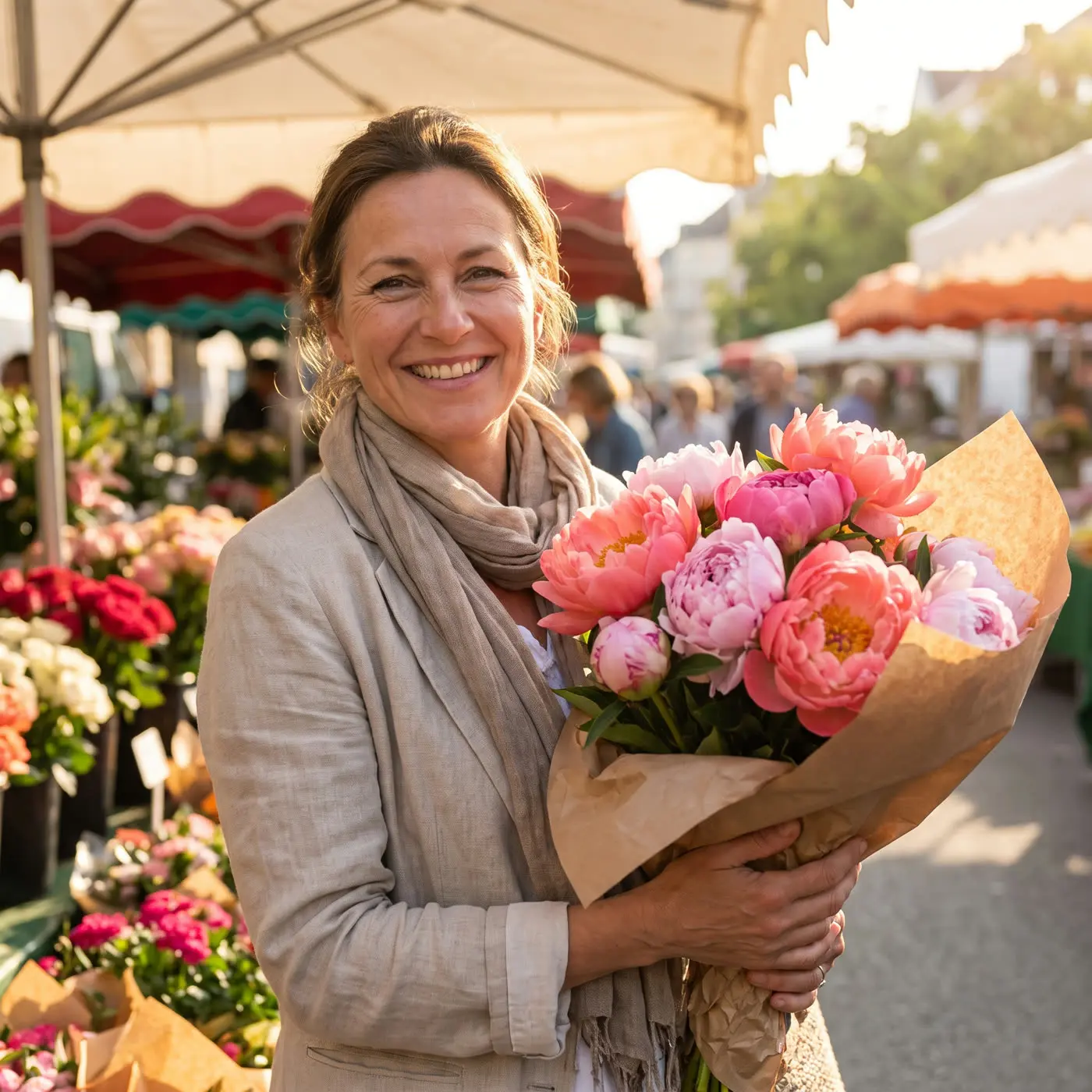 A woman smiling at a sunlit flower market
