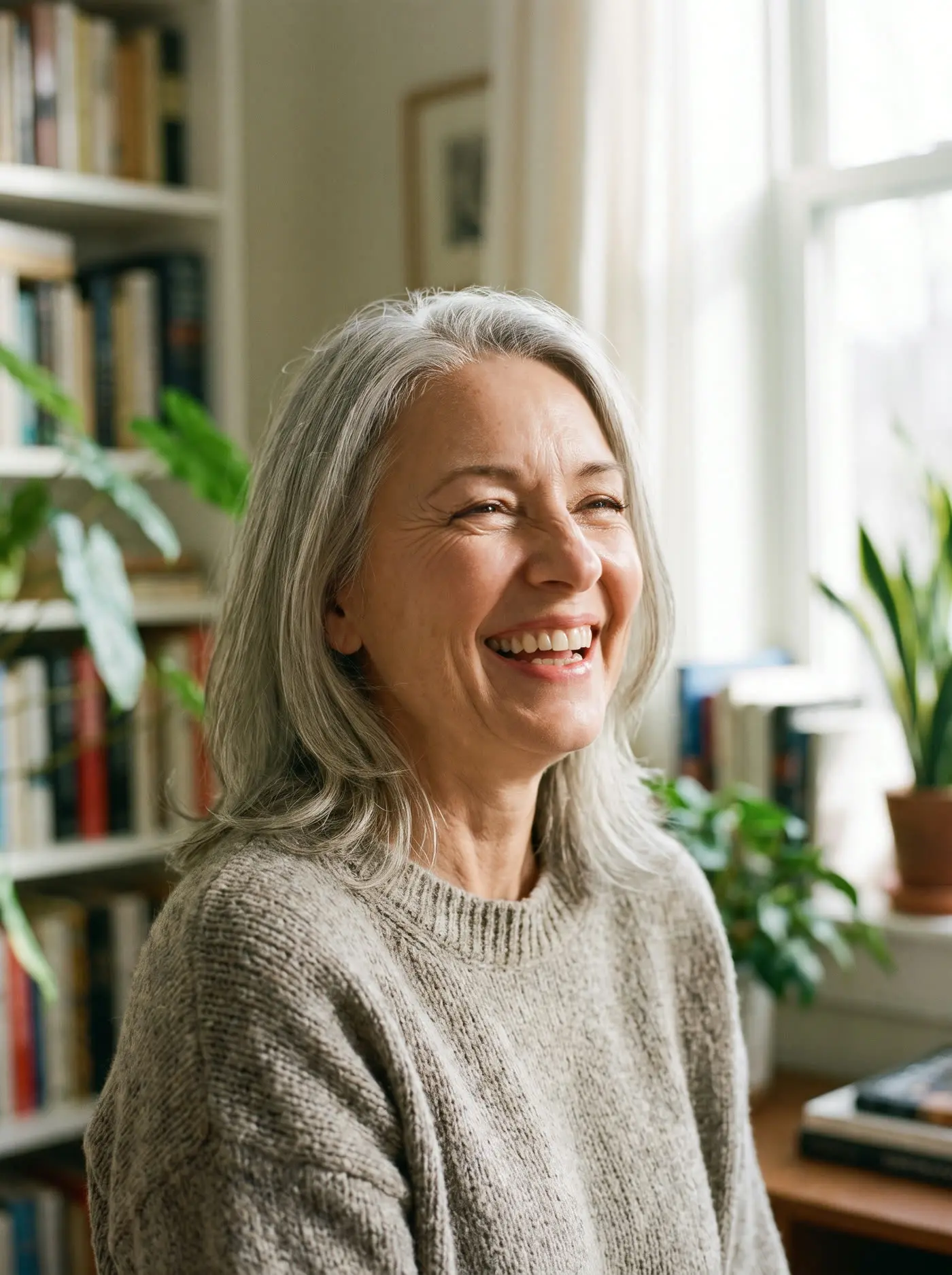 A woman with a radiant smile in soft window light