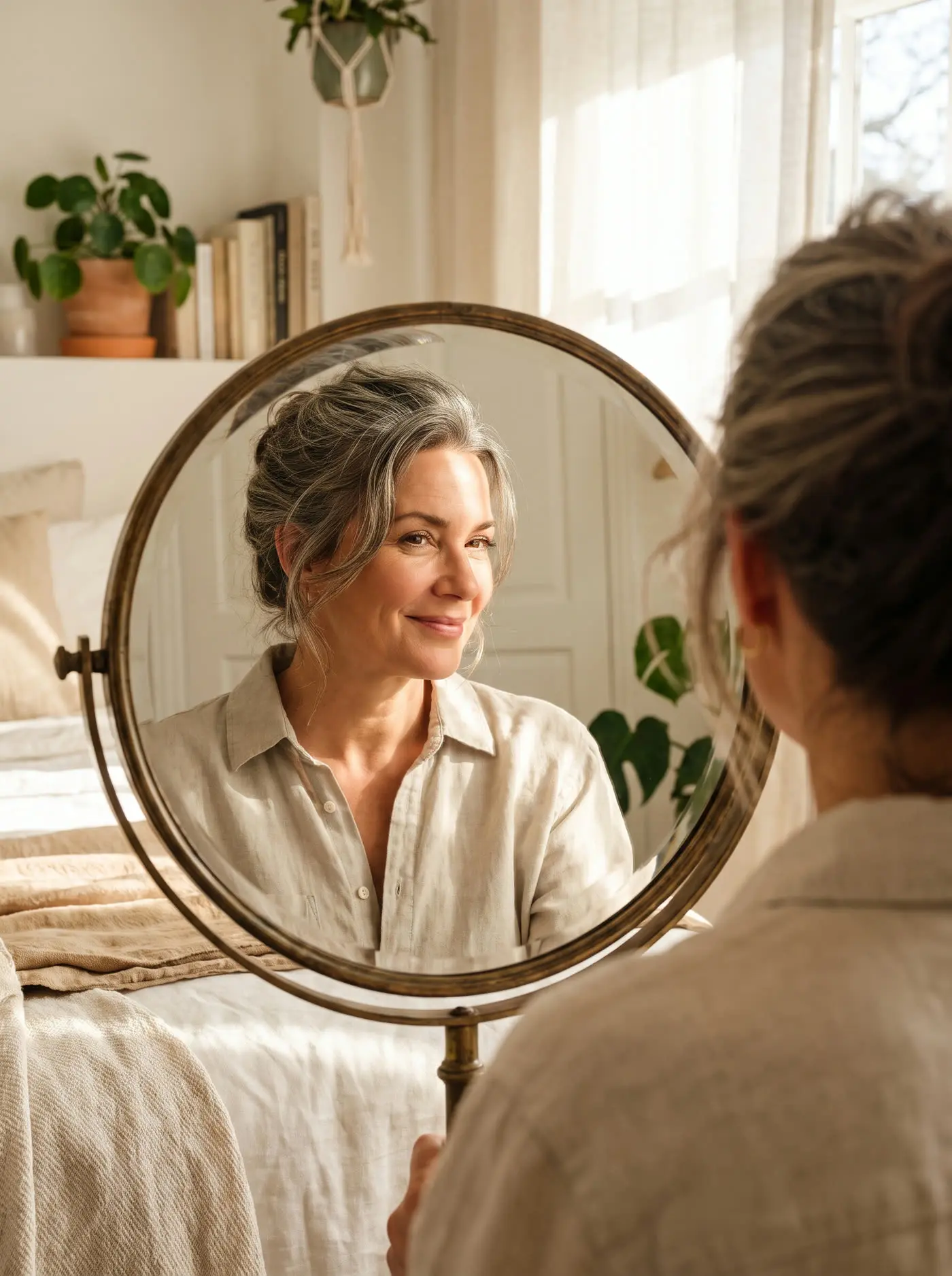 A woman admiring her glowing skin in a mirror
