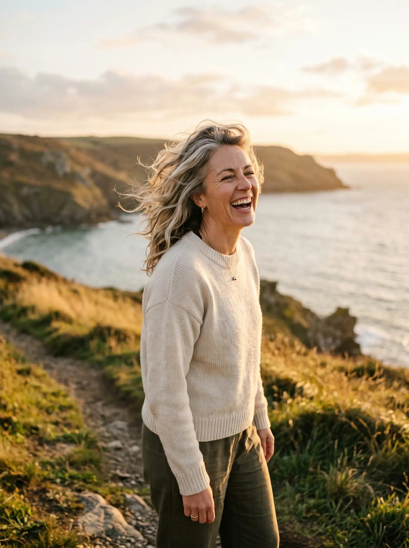 A woman laughing outdoors with the wind in her hair