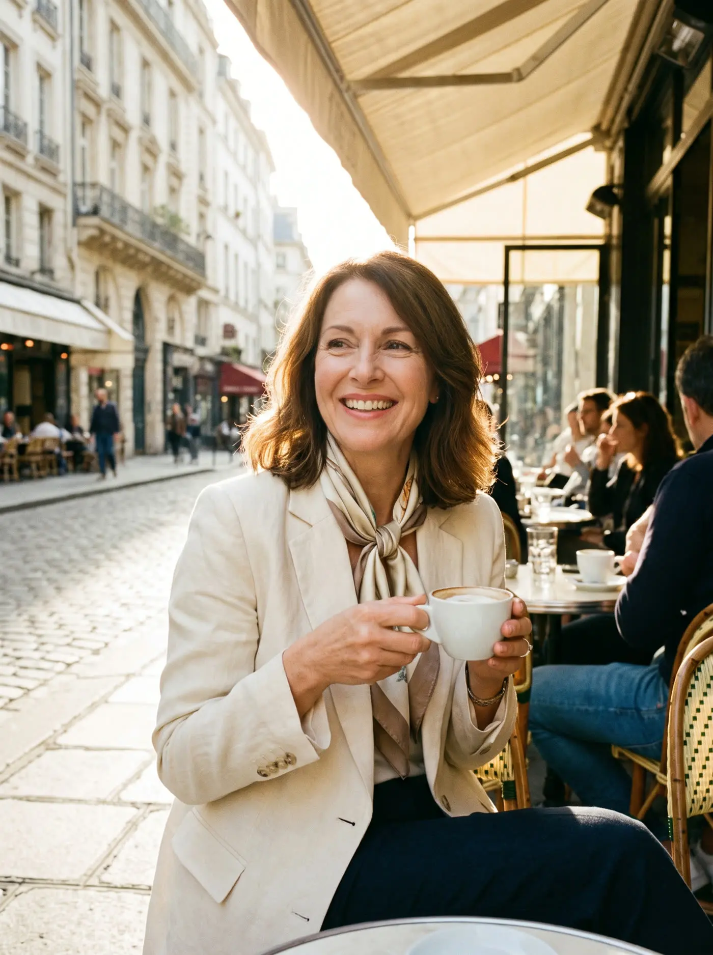 A woman enjoying a cafe in the sunshine