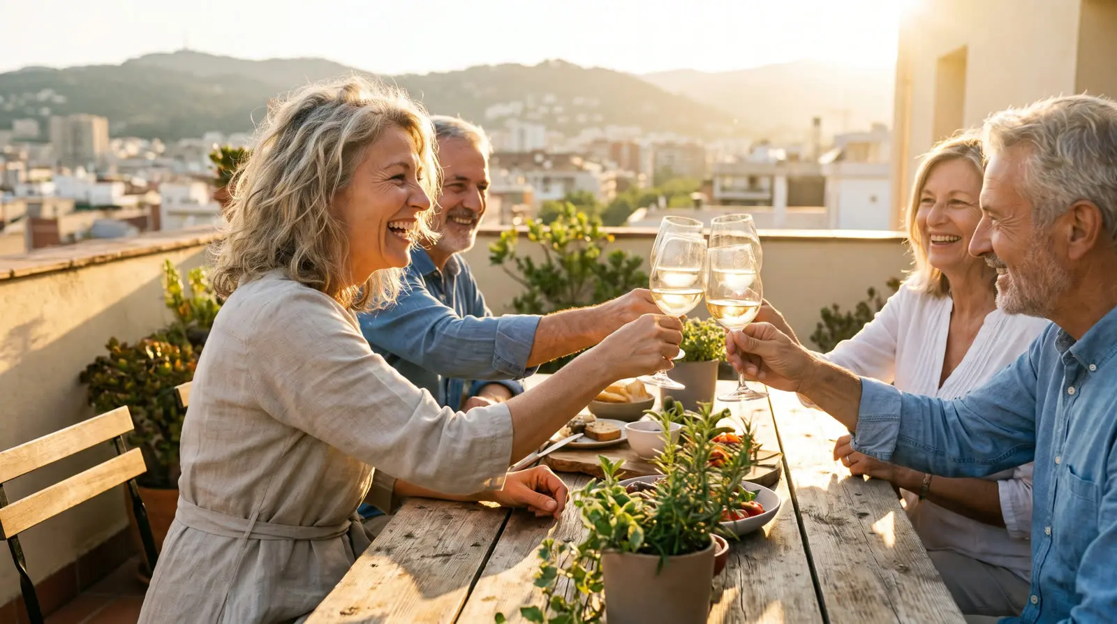 A woman toasting with friends at golden hour