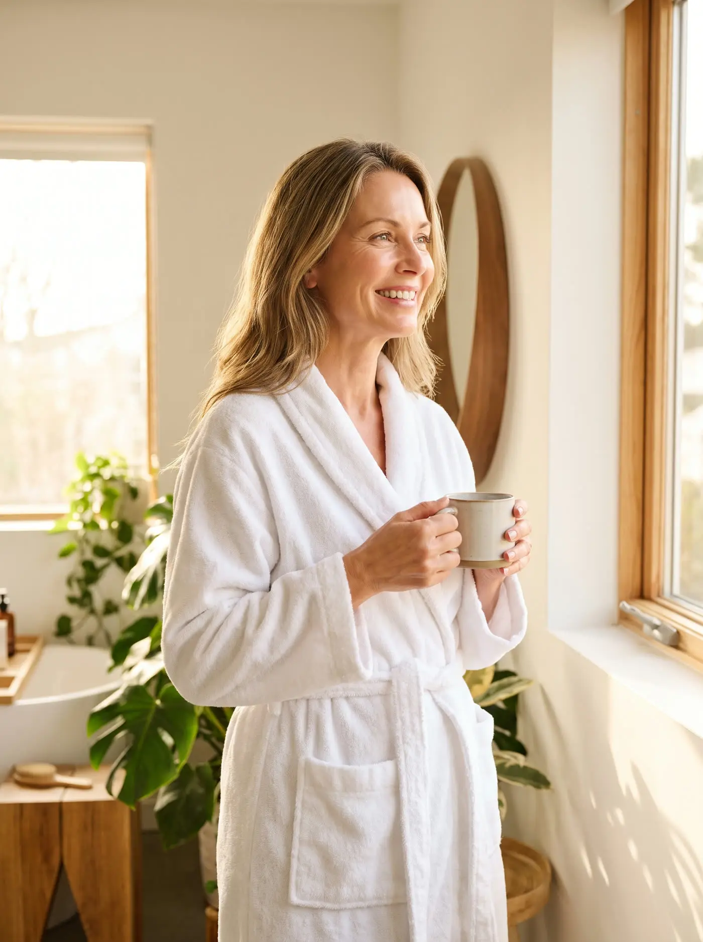 A woman smiling with glowing skin in soft morning light